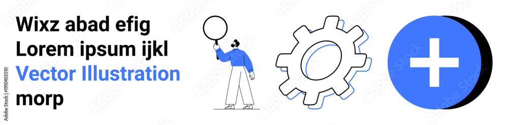 Obraz premium Person holding balloon, large gear, and blue plus sign. Ideal for progress, team collaboration, problem-solving, creativity, innovation, strategy and simple landing page