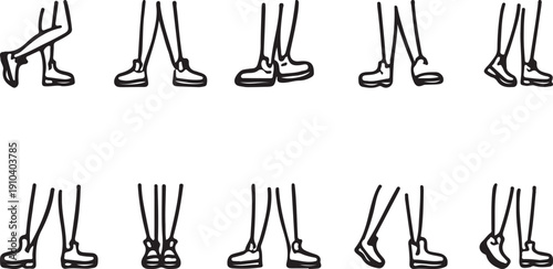 Series of cartoon legs in various poses, illustrating movement and dynamic action in a simple line drawing style, ideal for animation and design projects