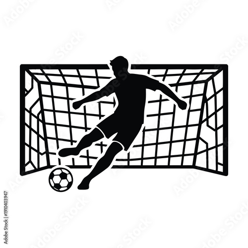 Soccer player kicking ball into goal net silhouette graphic illustration icon
