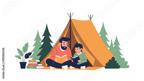 Father and son sitting together inside an orange tent reading books while camping in a peaceful pine forest setting during daytime.