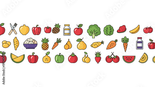 Comprehensive collection of colorful fruit and vegetable icons arranged in rows including apples, carrots, peppers, and more on white.