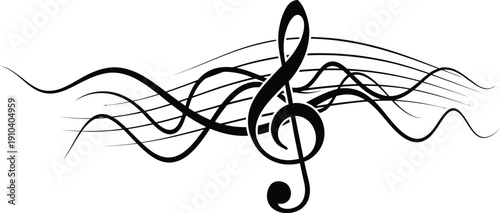 Elegant treble clef symbol with flowing musical notes on white