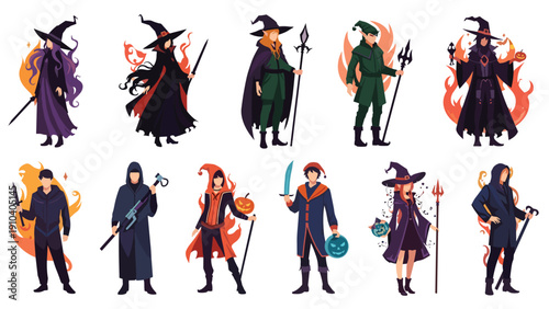 Set of ten fantasy characters including witches, wizards, elves, and dark warriors with magical weapons and mystical fire effects.