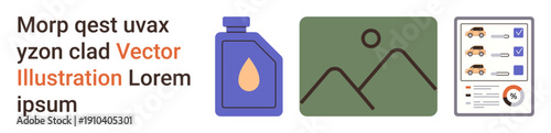Automotive maintenance, diagnostics, landscape, documentation, checklist, sustainability. Oil bottle, landscape and car checklist displayed in simple icons. Automotive maintenance and diagnostics