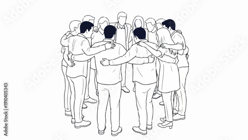 Monochrome line art showing diverse people standing in team circle, symbolizing unity, collaboration. Group of individuals embracing in close team circle, representing mutual support,