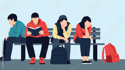 Four diverse young people sitting on a long park bench looking tired and bored with their bags placed on the ground next to them.