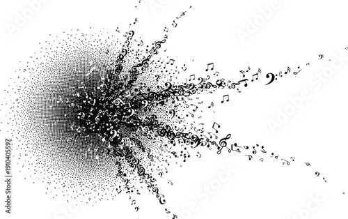 Dynamic music notes exploding in creative burst of sound and rhythm