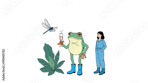 Whimsical scene featuring a large green frog in blue boots holding a champagne glass next to a woman and a flying dragonfly.