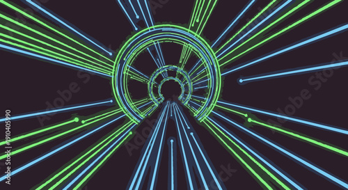 A futuristic digital tunnel with glowing blue and green lines creates an immersive, high-speed journey through a data stream, symbolizing connectivity and advanced technology.