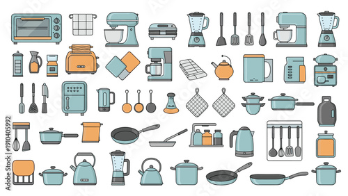 Huge set of various kitchen appliances and cooking utensils including a mixer, blender, toaster, pots, and pans in teal and orange.