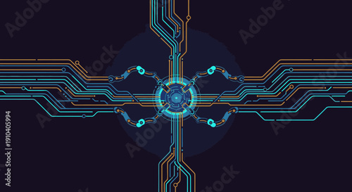 An intricate and symmetrical digital circuit board design with glowing blue elements radiating from a central core, representing advanced technology and interconnected data networks.