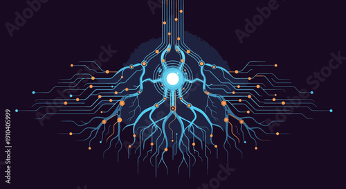 An intricate digital root system glows with vibrant blue energy, symbolizing data flow, interconnectedness, and the foundational elements of advanced technology.
