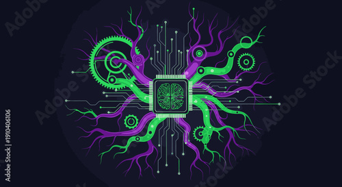This vibrant illustration merges advanced artificial intelligence with organic neural networks, featuring a central processing unit resembling a brain, symbolizing future technology.