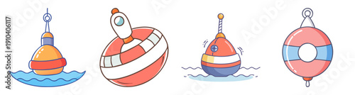 Colorful vector icons of lifebuoys and rescue buoys floating on water for safety and summer themes