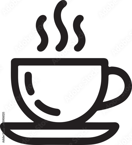 Simple black and white line art icon of a steaming coffee cup on a saucer