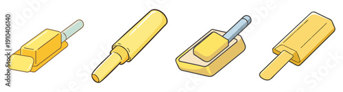 Golden butter sticks vector icons set isolated on white background, dairy product illustration, food packaging design elements