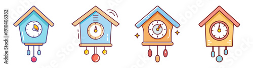 Set of four colorful vintage cuckoo clock vector icons with pendulums and birds in flat design style for home decor and timekeeping