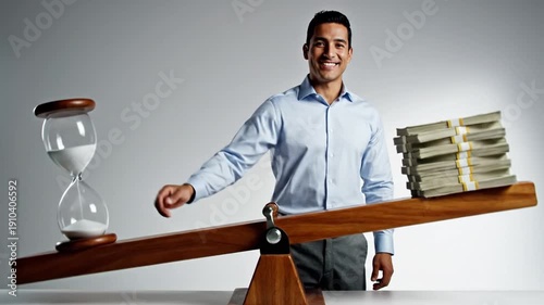 Man balances time against money using a seesaw with hourglass and stacks of cash
