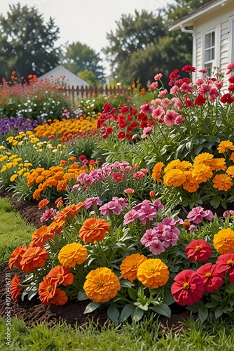 Wallpaper Mural Rows of cheerful marigolds and petunias in flower beds Torontodigital.ca