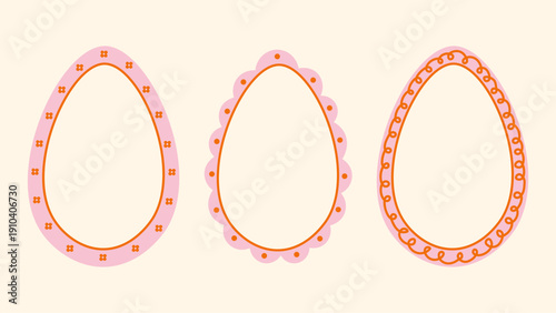 Easter Egg Shaped Frame Set. Pink Coquette hand drawn Round Borders with floral dotted curly ornaments. Holiday collection in minimal style. Vector