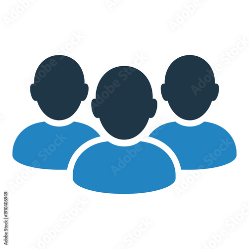 Three blue silhouette people standing side by side illustration icon