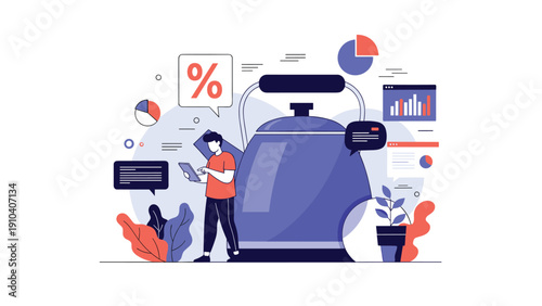 Modern vector illustration of a man using a digital tablet next to a giant blue teapot with business data charts and lush plants.