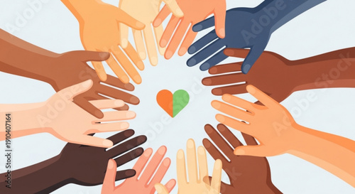 Diverse hands forming a circle around a heart symbolizing unity love and diversity on a light background with a focus on inclusivity and togetherness