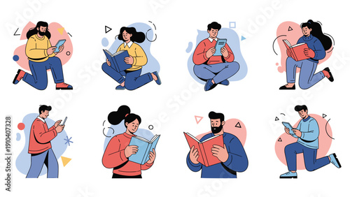 Set of flat character illustrations showing diverse men and women in various poses while reading books or using digital tablets.