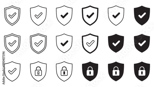 Minimalist Security Shield Icons with Verification Marks and Locks