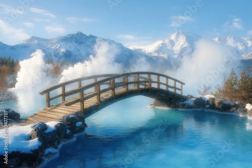 wooden arched footbridge over steaming turquoise hot spring with snow-covered rocks, evergreen trees and distant snow-capped mountains, serene tranquil morning