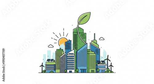 Eco friendly cityscape with green buildings wind turbines and a sprouting leaf symbolizing sustainable urban development and renewable energy