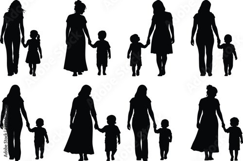 Mother and child silhouettes holding hands, walking together.