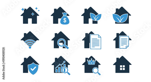 Collection of house icons with various symbols representing different aspects of home and property