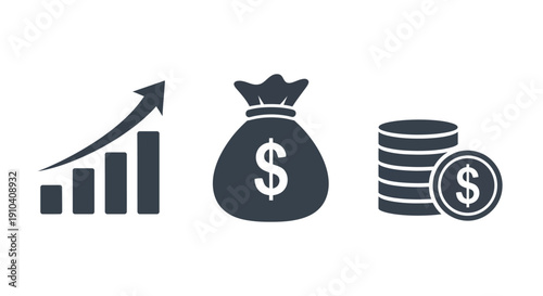 Financial growth illustrated through graph, money bag, and stacked coins icons in a simple vector graphic
