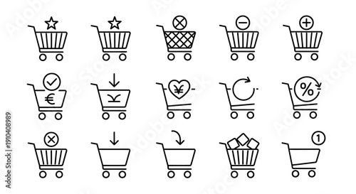 A collection of sixteen shopping cart icons with various symbols and elements in a grid layout on a clean background, showcasing diverse e-commerce and shopping concepts