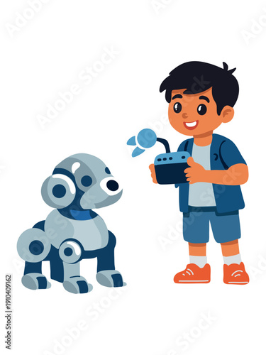 teen inventor boy operating futuristic ai robot