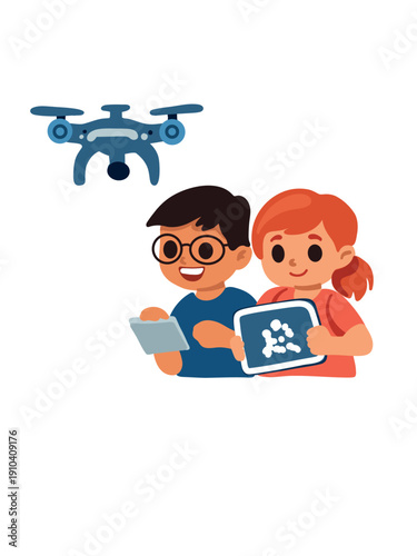 kids flying drone with remote control