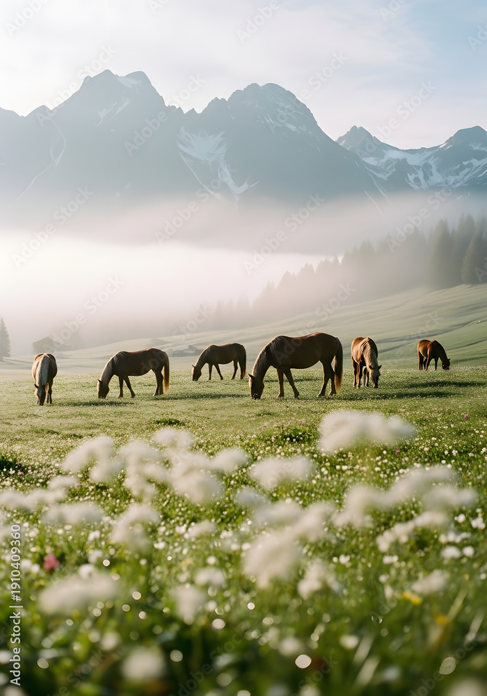 Fototapeta premium Horses grazing peacefully in a serene mountain meadow surrounded by lush greenery and wildflowers