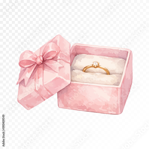 Romantic pink gift box with golden ring and ribbon bow elegant proposal or engagement concept isolated on transparent background delicate watercolor style. Vector illustration