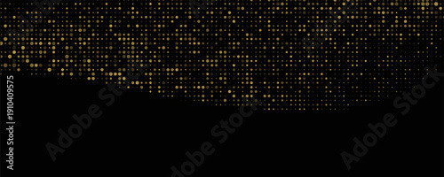 Abstract luxury banner with golden glittering dots on black background. Sparkling glitter bottom border, vector frame. Halftone effect. Magical gold dust. Pop art style backdrop.