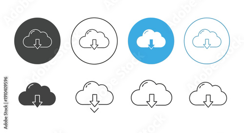 Collection of cloud download icons in various styles and formats, showcasing different design elements and visual representations of digital data transfer