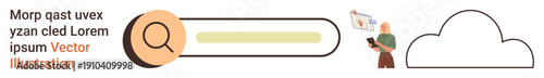 Data analysis, cloud computing, online search, digital storage, technology interface, online tools. Search bar with magnifying glass, cloud storage icon and person viewing screen. Data analysis