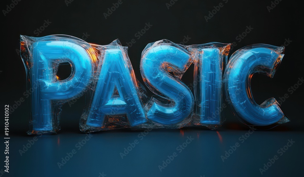 custom made wallpaper toronto digitalblue inflated letters wrapped in clear plastic film spelling pasic with glossy orange reflections on a dark background conveying fragile tension