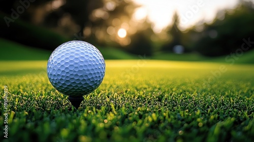Wallpaper Mural Golf ball on a tee on a lush green fairway at golden hour, peaceful calm and focused anticipation before a shot Torontodigital.ca
