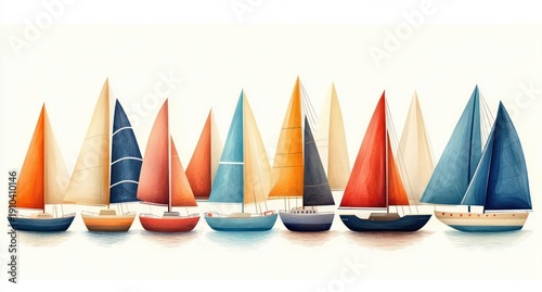 Wallpaper Mural Row of colorful sailboats with tall masts and mirrored reflections on calm water, soft pastel illustration evoking a serene, cheerful mood Torontodigital.ca