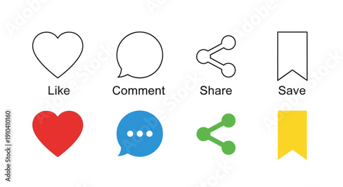 Collection of social media icons including like, comment, share, and save symbols in various styles on a clean background