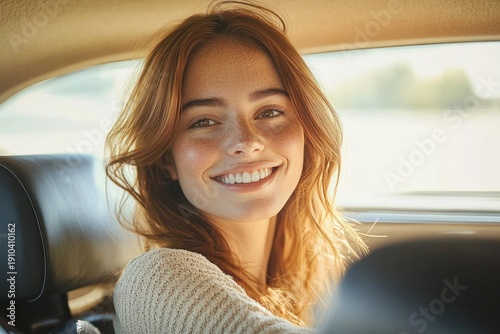 Wallpaper Mural woman with wavy blonde hair sitting in a sunlit car backseat wearing a cozy knit sweater, warm golden light and a serene, contemplative mood Torontodigital.ca