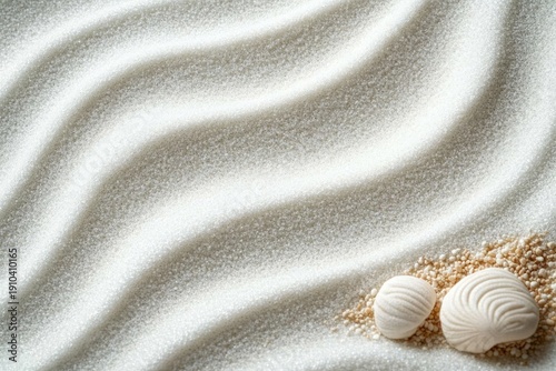 Wallpaper Mural raked white sand with smooth wave patterns and two white seashells on a small pebbled mound, tranquil meditative minimalist composition Torontodigital.ca