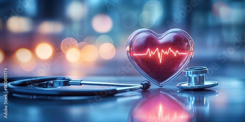 Wallpaper Mural stethoscope beside illuminated glass heart with glowing heartbeat waveform on reflective surface conveying care and hope Torontodigital.ca