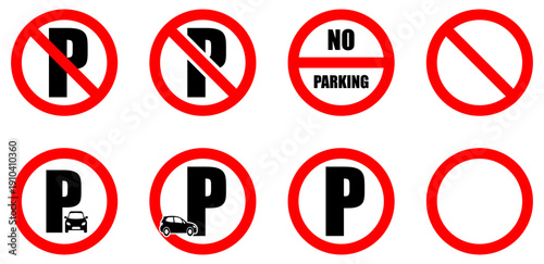 Collection of no parking and parking road signs with prohibition symbols, letter P and car elements. Useful for traffic rules, street signage, transport safety and urban regulation visuals.